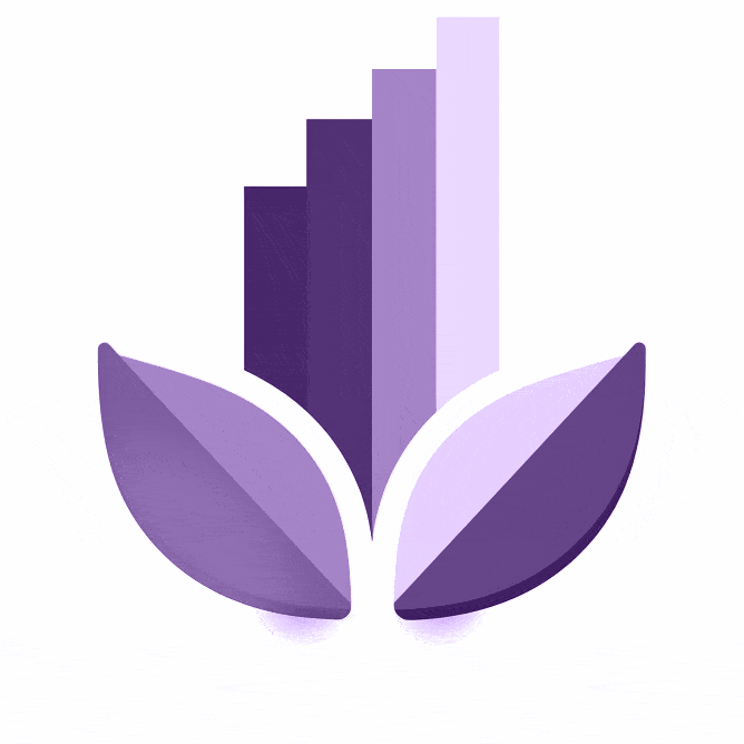 A stylized logo featuring two overlapping leaves at the bottom, each shaded in different purple hues. Above the leaves, four vertical bars in varying heights and shades of purple rise, giving a sense of growth or progress. The background is white.