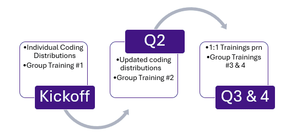 A visual diagram outlining a sequential plan: 
- "Kickoff" includes individual coding distributions and Group Training #1.
- "Q2" includes updated coding distributions and Group Training #2.
- "Q3 & 4" includes 1:1 Trainings as needed and Group Trainings #3 and #4.