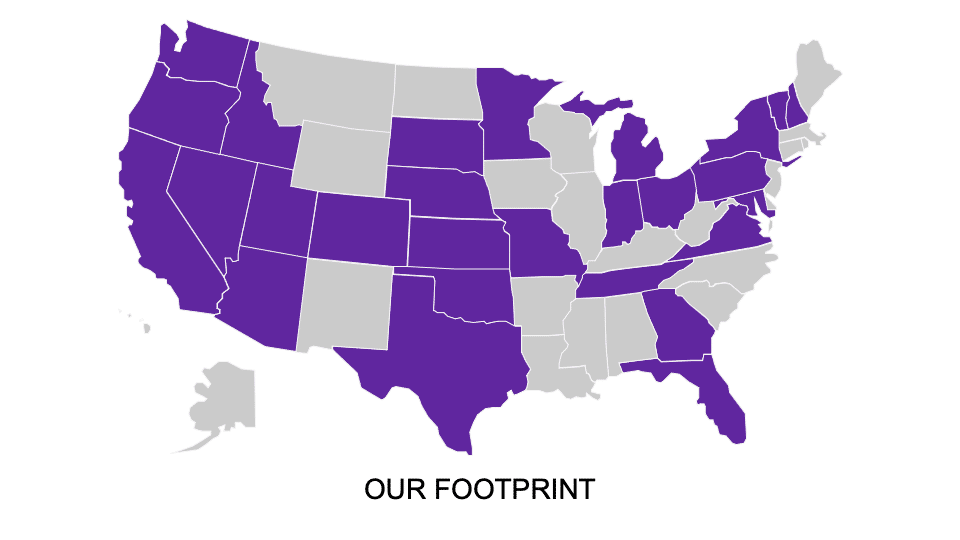 A map of the United States highlighting certain states in purple, indicating the company's footprint. States shaded include much of the Western U.S. and parts of the Southeast and Midwest.